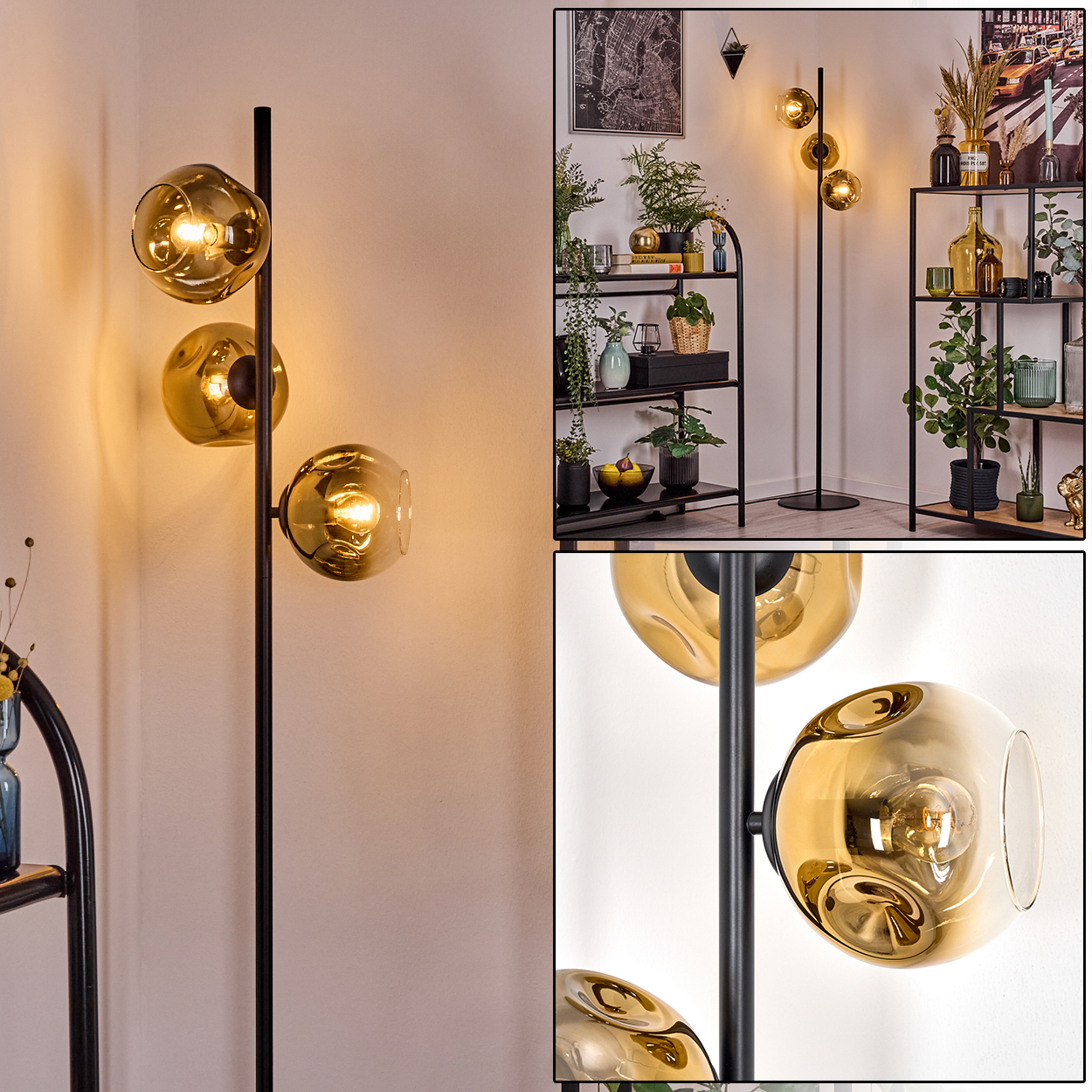 Eine moderne Stehlampe mit drei bernsteinfarbenen Glaskugeln. Im Hintergrund sind Regale mit Pflanzen und Dekoration zu sehen.