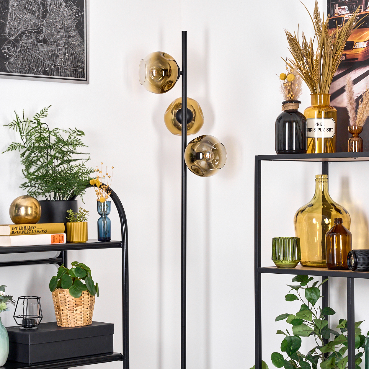 Ein Raum mit Regalen, Pflanzen und einer schwarzen Lampe mit drei goldenen Kugeln. Eine Karte und ein Taxibild an der Wand.
