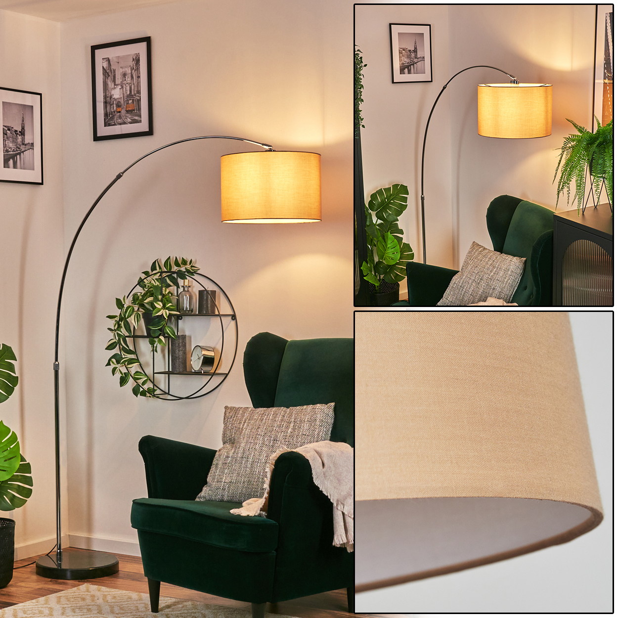 Ein modernes Wohnzimmer mit grünem Sessel, großer Lampe und gerahmten Bildern an der Wand. Pflanzen ergänzen die Einrichtung.
