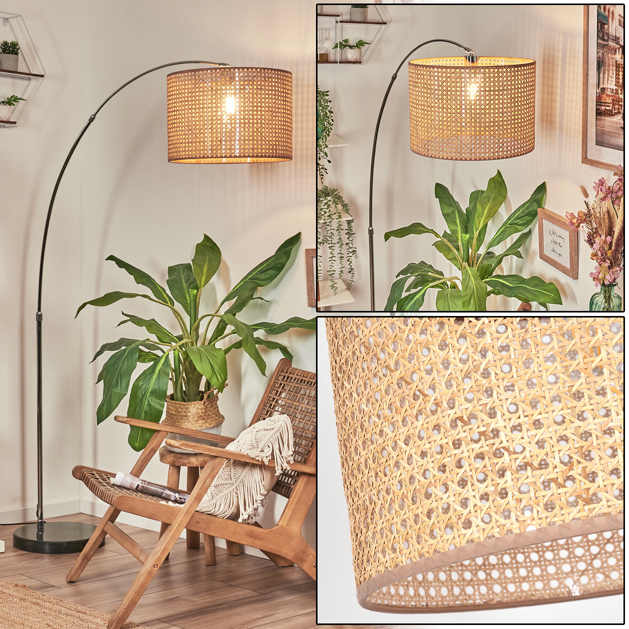Ein modernes Wohnzimmer mit Stehlampe, gewebtem Lampenschirm, Holzstuhl und Pflanzen im Hintergrund.