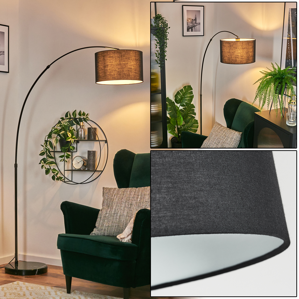 Eine dunkelgraue Bogen-Stehlampe beleuchtet ein Wohnzimmer mit einem grünen Sessel, Pflanzen und einem runden Regal.