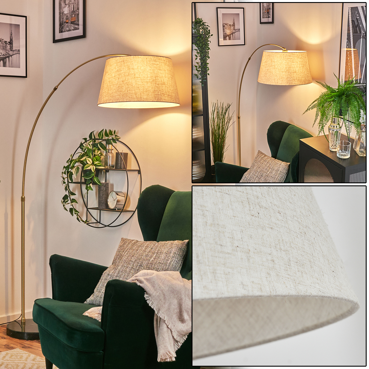 Ein Raum mit einem grünen Sessel, einer Lampe und einem Regal. Die Lampe hat einen beigefarbenen Schirm. Der Raum ist mit Bildern dekoriert.