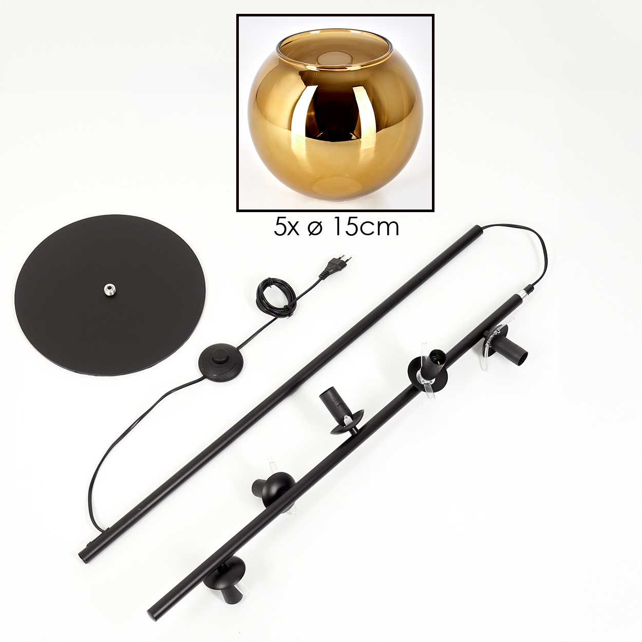 Zerlegte schwarze Lampe mit rundem Sockel und goldenem Glasschirm. Teile: Stangen, Fußschalter und Netzkabel.