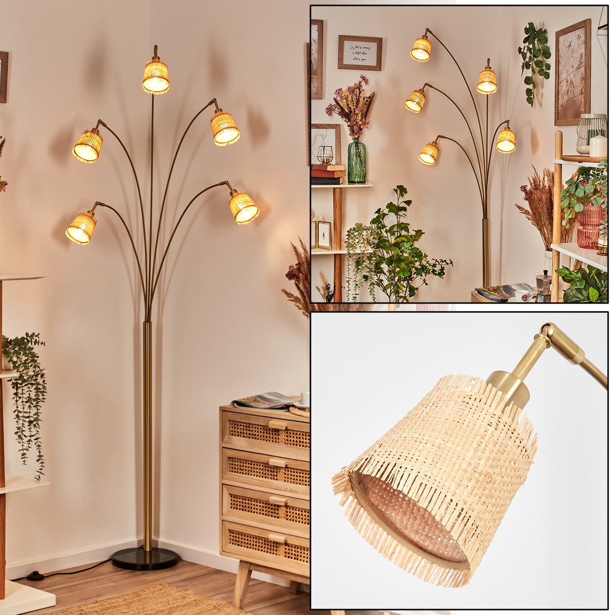 Eine Stehlampe mit mehreren Lampenschirmen aus Rattan steht in einem Raum. Eine Holzkommode und Regale sind im Hintergrund.