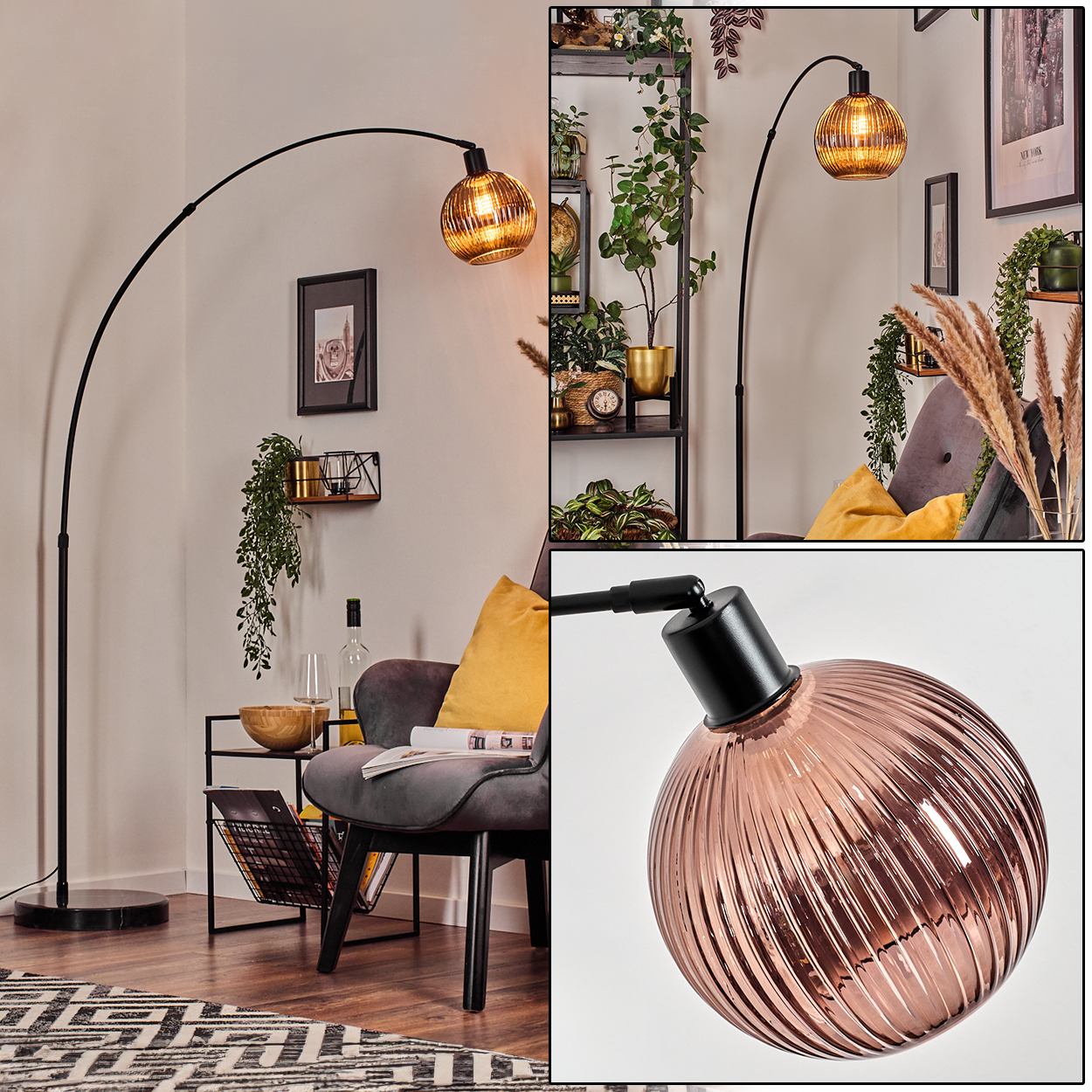 Modernes Wohnzimmer mit schwarzer Bogenlampe, grauem Stuhl und dekorativem Teppich. Die Lampe hat eine kupferfarbene Kugel.