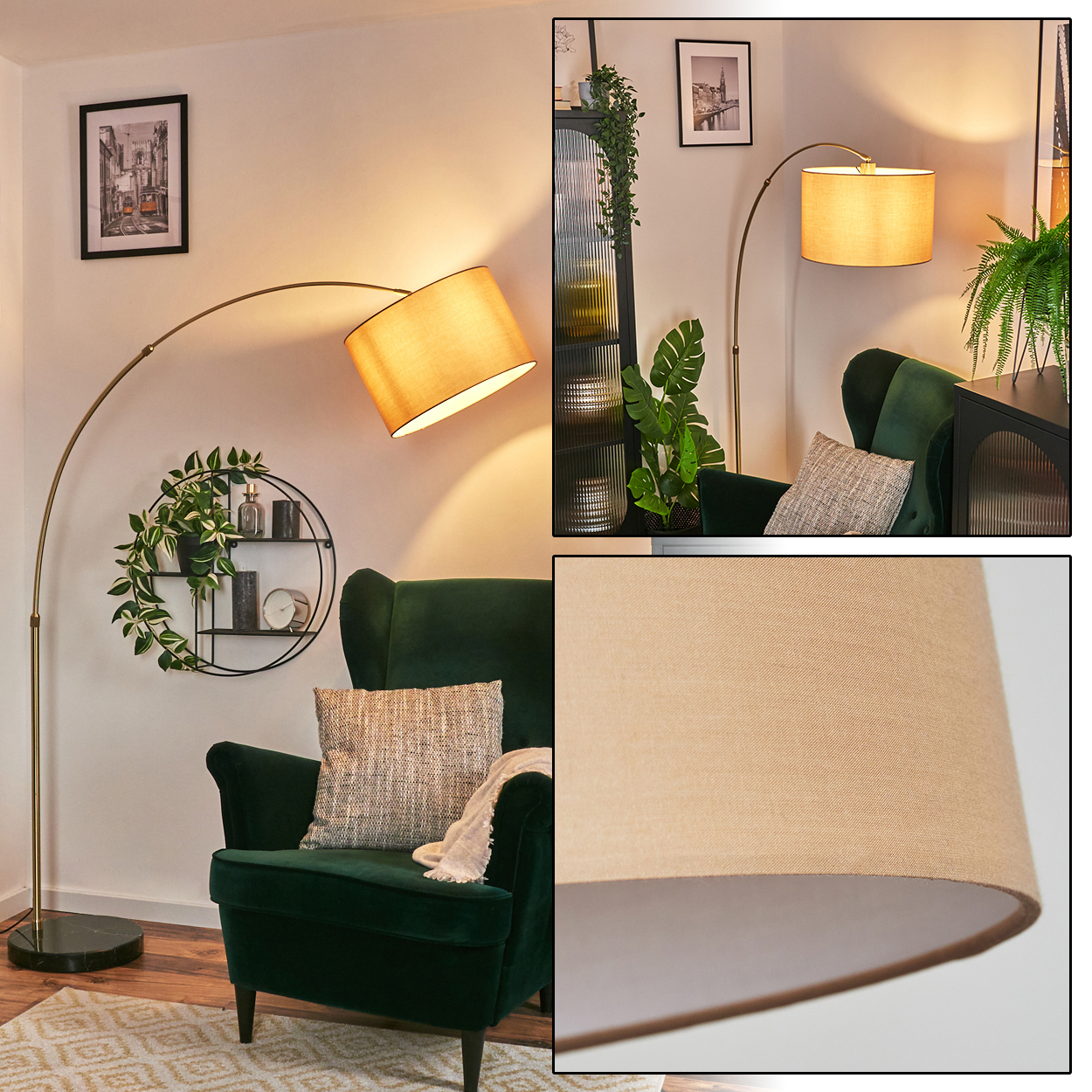 Ein Raum mit einem grünen Sessel, einer Stehlampe mit beigefarbenem Lampenschirm und einem runden Regal mit Pflanzen und Deko.