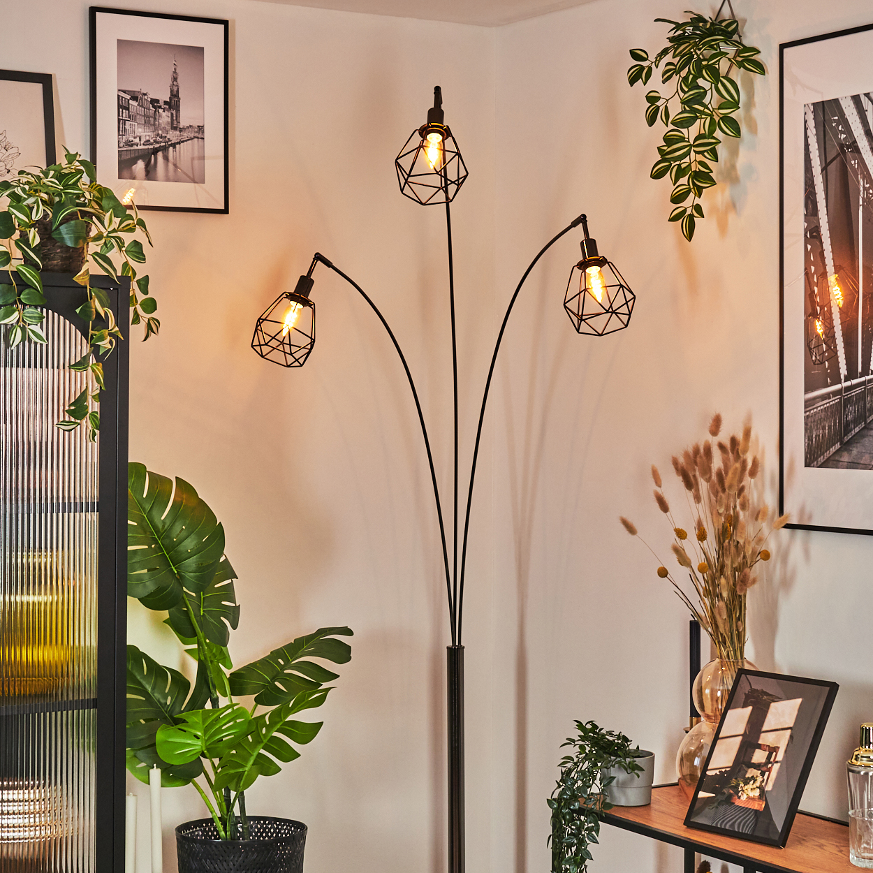 Ein modernes Wohnzimmer mit schwarzer Stehlampe, Pflanzen, gerahmten Bildern und einem Holzregal.