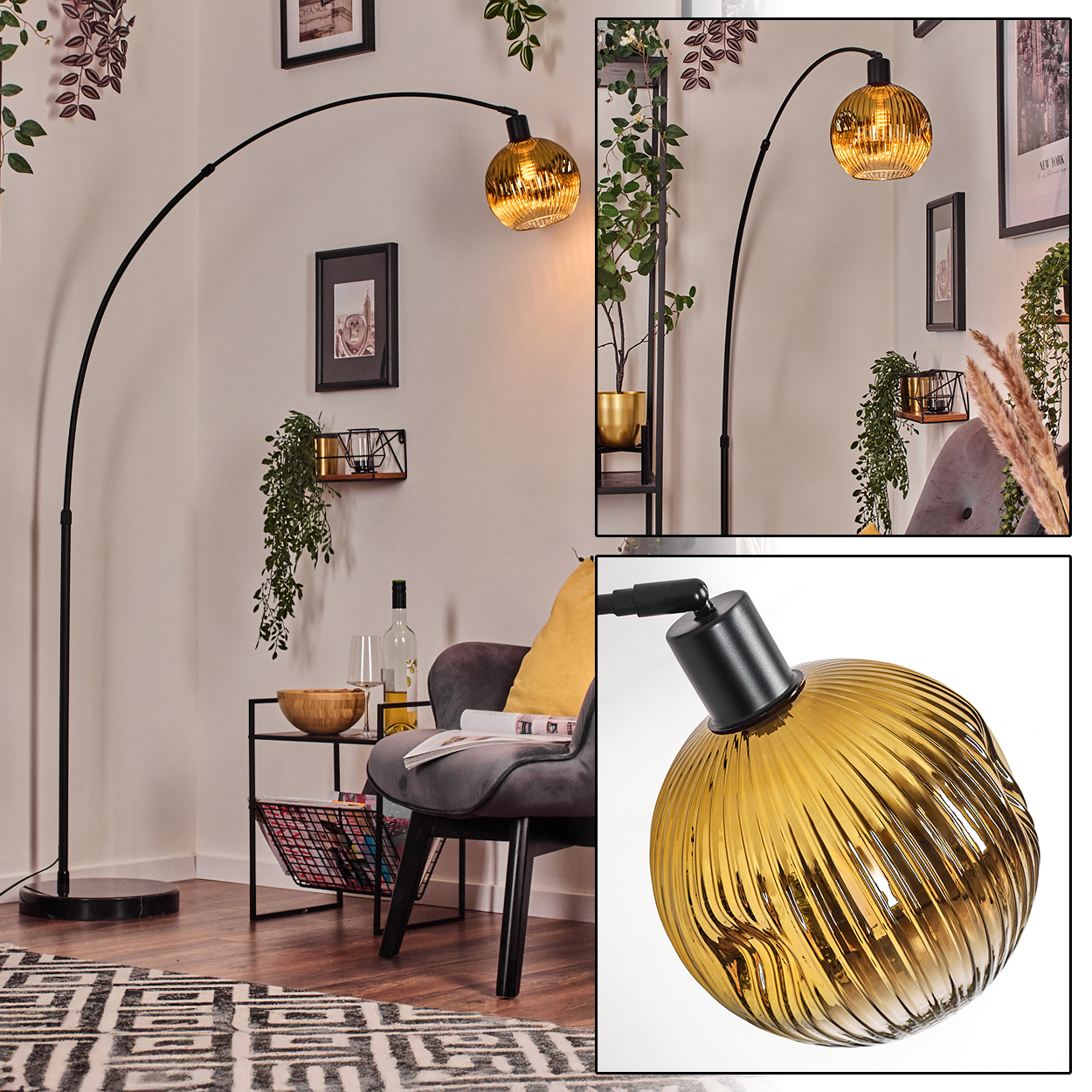 Ein modernes Wohnzimmer mit schwarzer Bogenlampe, grauem Stuhl und dekorativem Teppich. Pflanzen und gerahmte Kunst sind ebenfalls sichtbar.