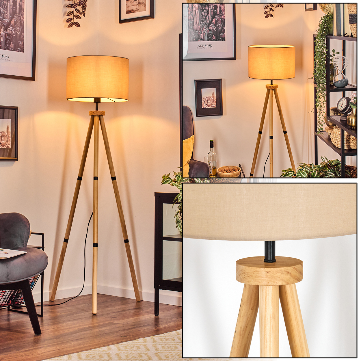 Eine hölzerne Stehlampe mit beigem Lampenschirm steht in einem Raum. Der Raum hat gerahmte Bilder und einen dunklen Stuhl.