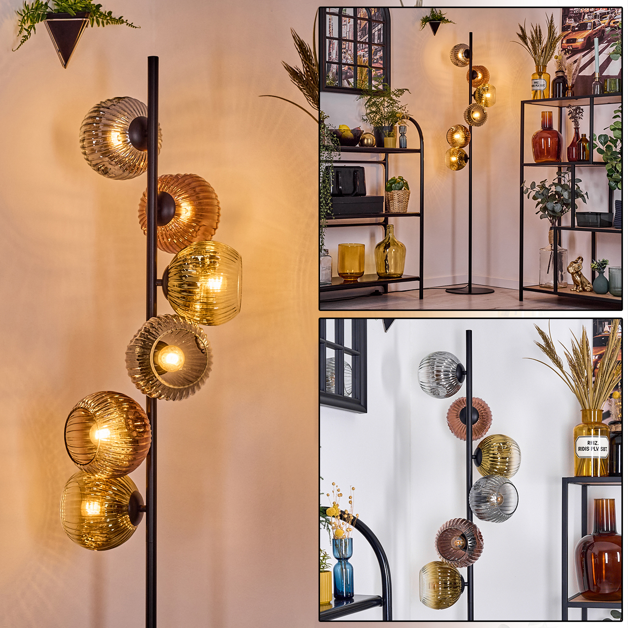 Eine moderne Stehlampe mit fünf kugelförmigen Lichtern. Im Hintergrund Regale mit Vasen und Dekoration. Die Szene ist hell beleuchtet.