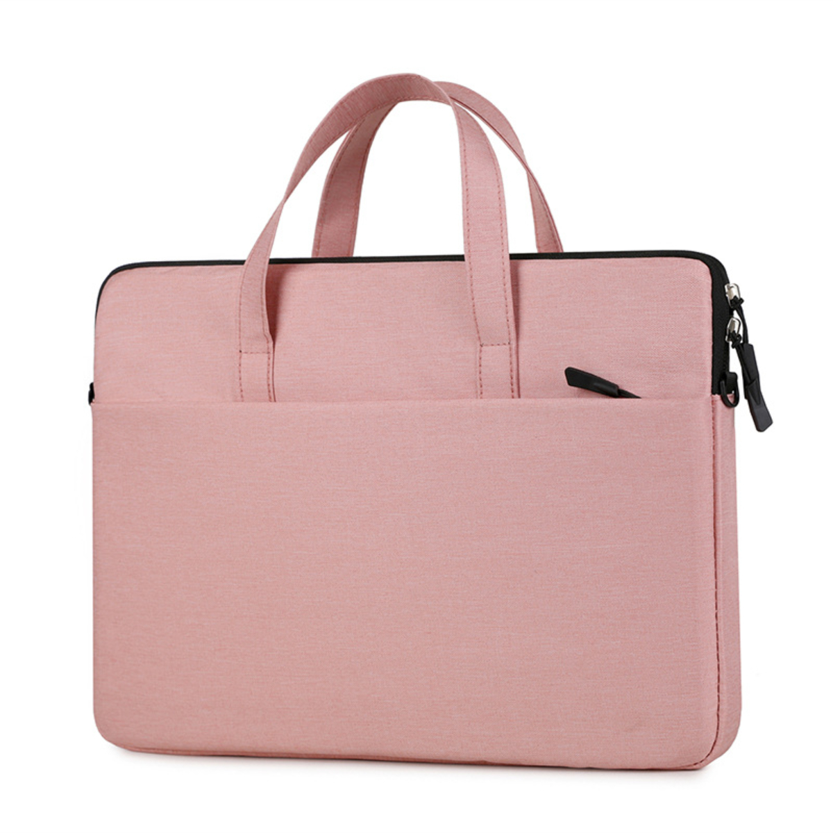 Eine rosa Laptoptasche mit Griffen. Sie hat eine Vordertasche und einen schwarzen Reißverschluss. Der Hintergrund ist weiß.