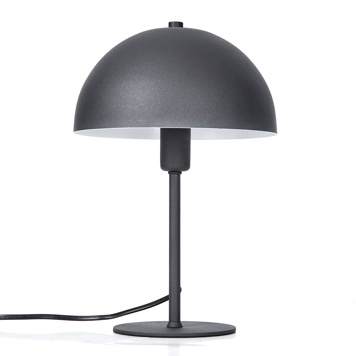 Eine graue Schreibtischlampe mit rundem Schirm und kreisförmigem Fuß vor weißem Hintergrund.