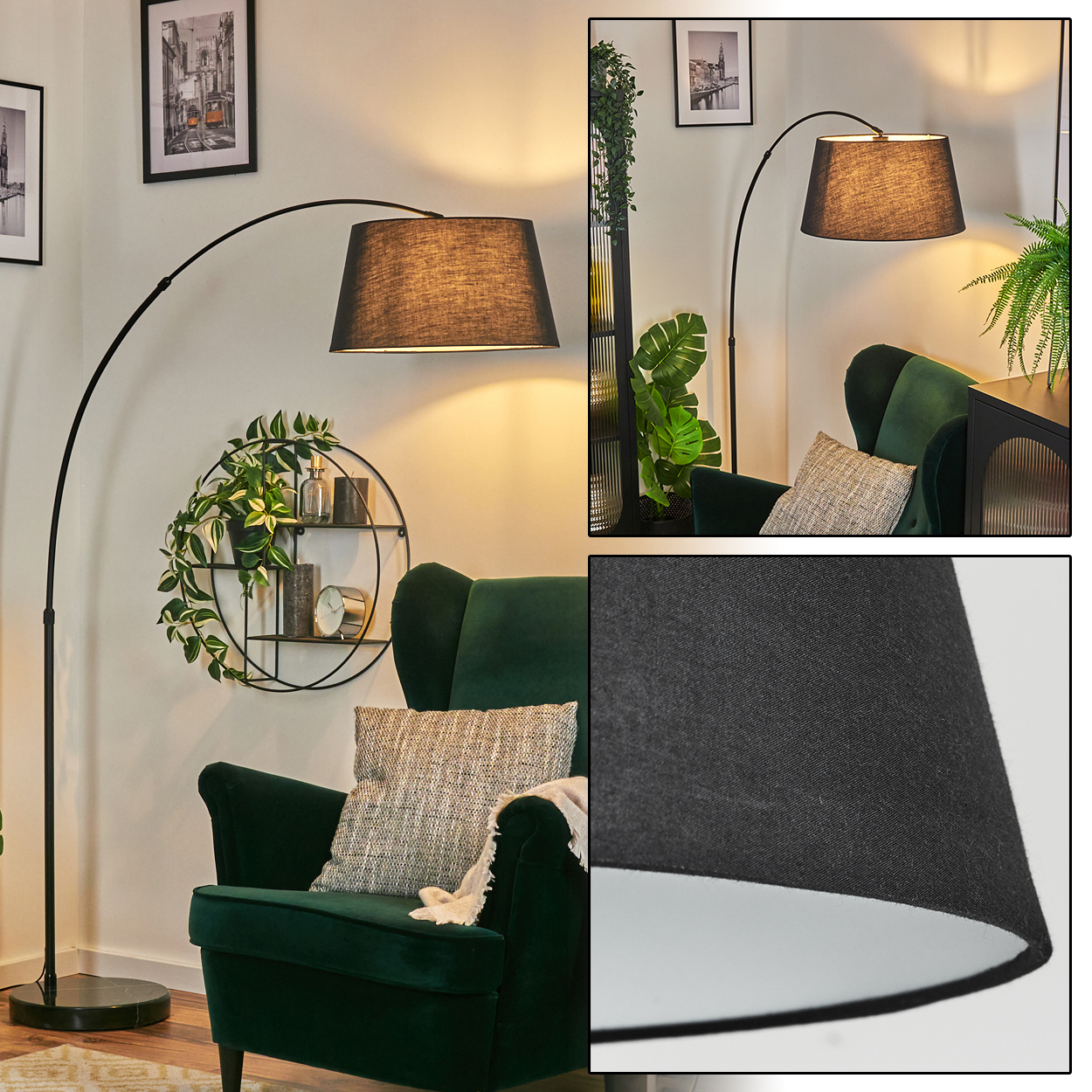 Ein modernes Wohnzimmer mit einer schwarzen Bogenlampe, einem grünen Sessel und einem dekorativen Wandregal mit Pflanzen.