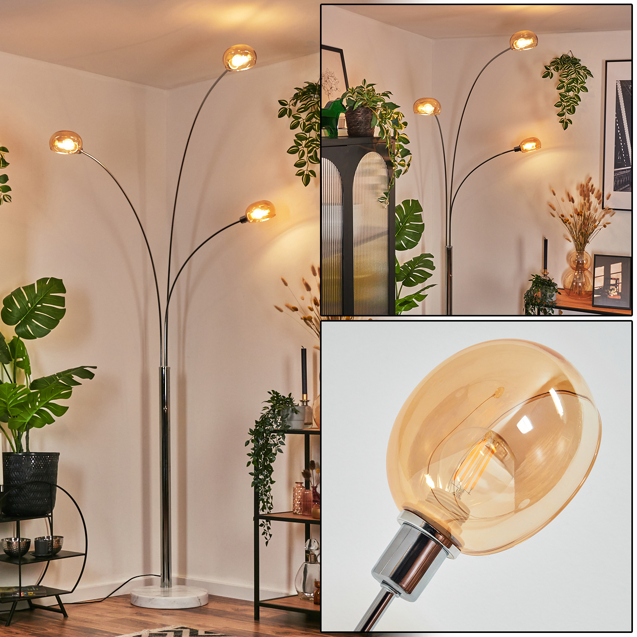 Eine moderne Stehlampe mit drei bernsteinfarbenen Glühbirnen, umgeben von Pflanzen und einem stilvollen Regal.