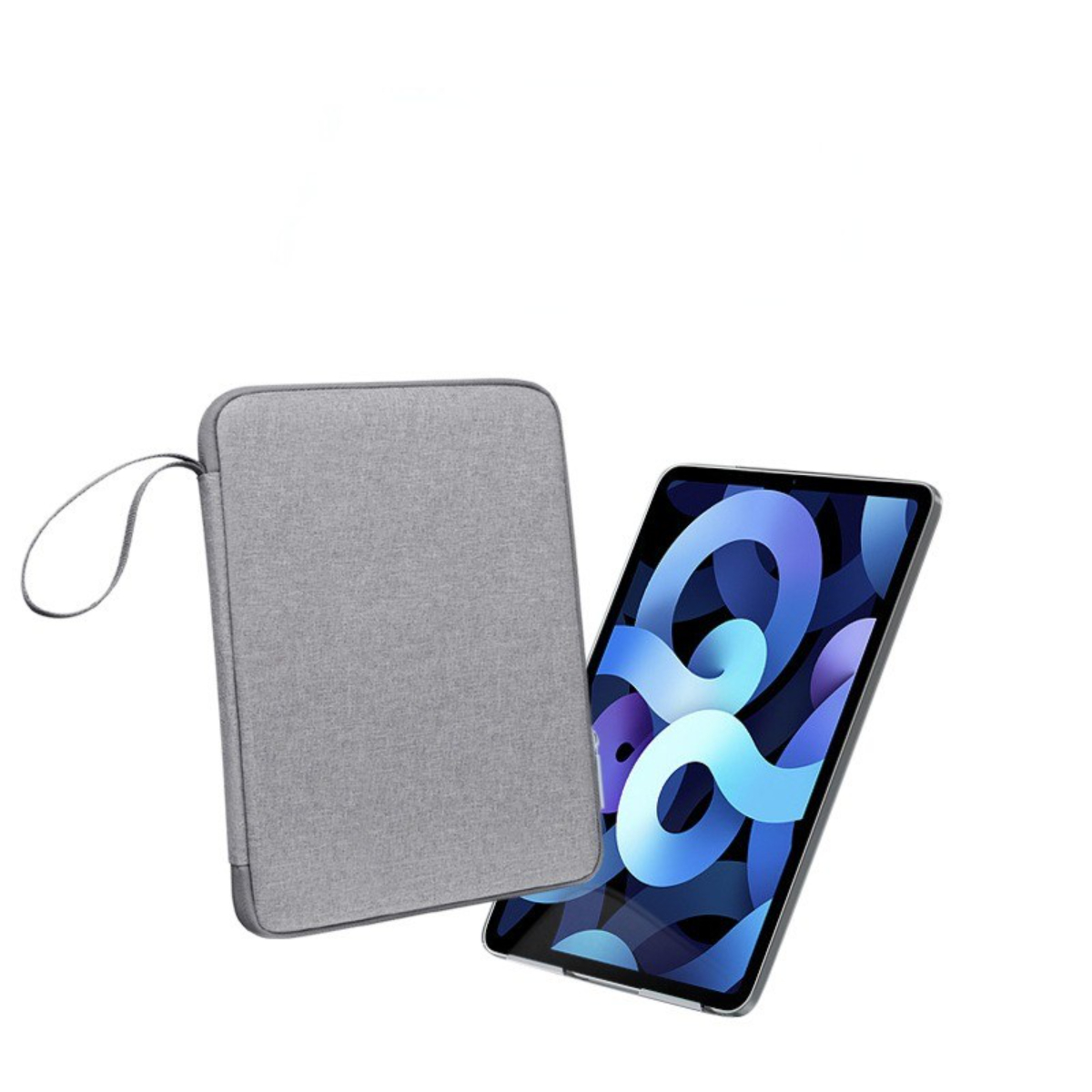 Gezeigt werden eine graue Tablethülle und ein iPad. Das iPad zeigt ein blaues und weißes abstraktes Design auf dem Bildschirm.