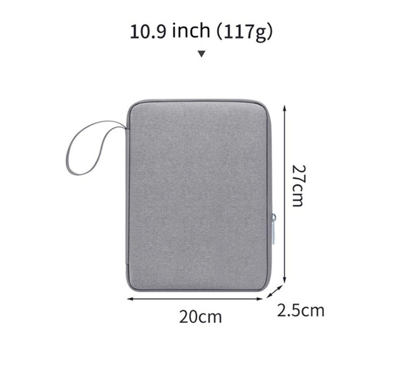 Eine graue Laptoptasche mit Henkel. Die Abmessungen betragen 20 cm x 27 cm x 2,5 cm. Sie wiegt 117 g und ist 10,9 Zoll groß.