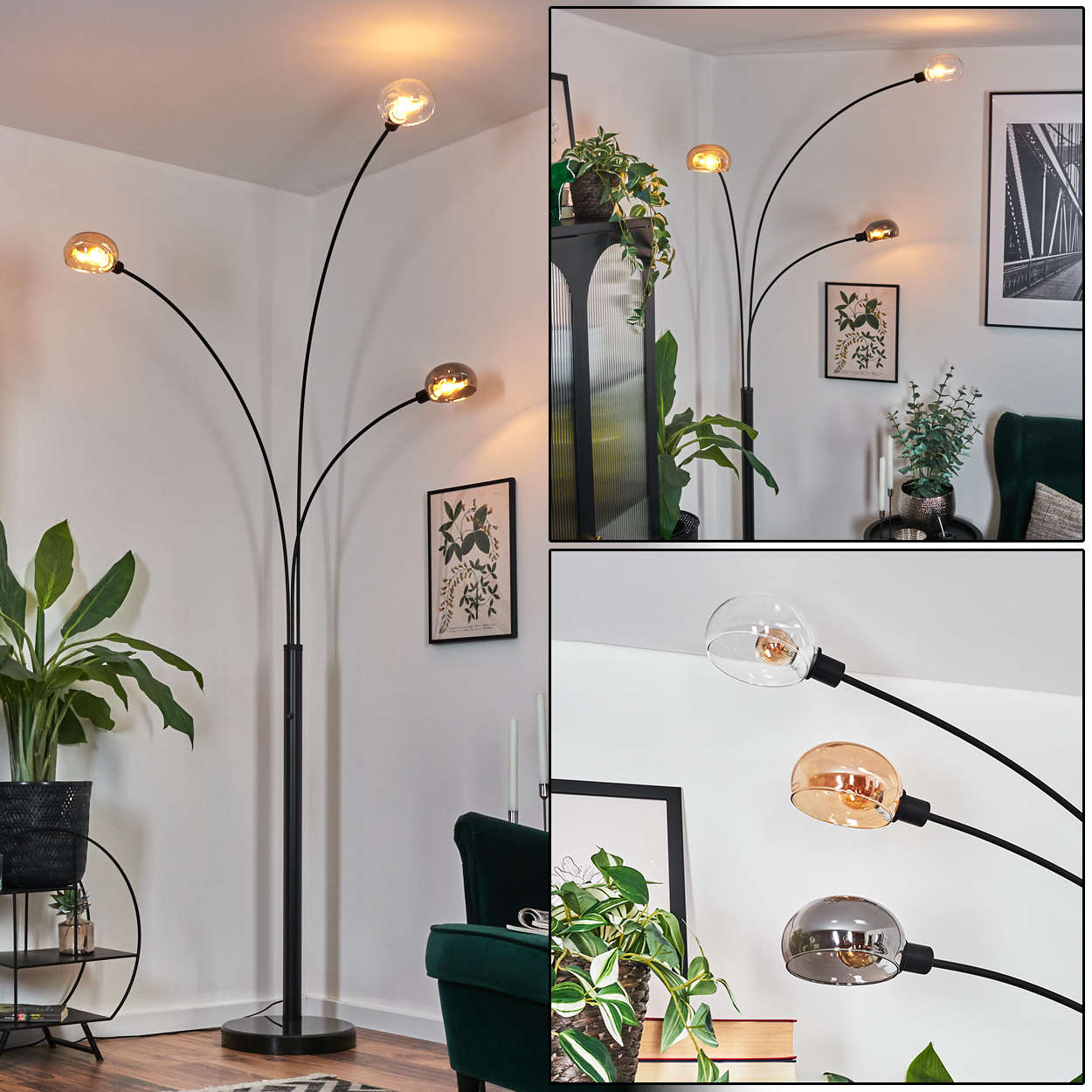 Eine moderne Stehlampe mit drei gebogenen Armen, die jeweils ein rundes Licht halten. Der Raum hat Pflanzen, Kunst und einen dunkelgrünen Sessel.