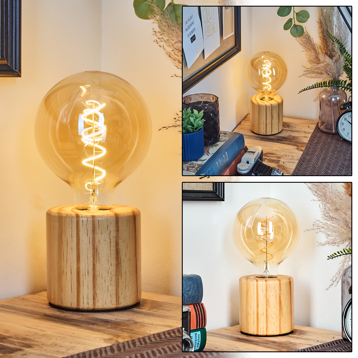 Eine beleuchtete Glühbirnenlampe mit Holzsockel steht auf einer Holzoberfläche. Weitere Objekte sind Bücher, eine Uhr und Zierpflanzen.