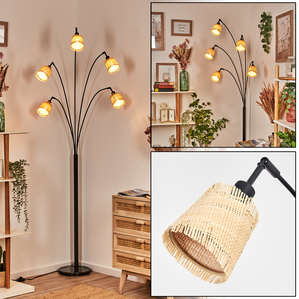 Eine Stehlampe mit sieben Lampenschirmen. Die Lampe hat einen schwarzen Mast und gebogene Arme. Die Lampenschirme sind gewebt. Der Raum hat Möbel und Pflanzen.