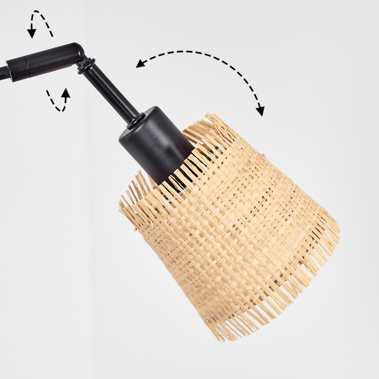 Eine moderne Lampe mit schwarzem Arm und gewebtem Lampenschirm. Pfeile weisen auf mögliche Bewegung hin. Der Hintergrund ist weiß.