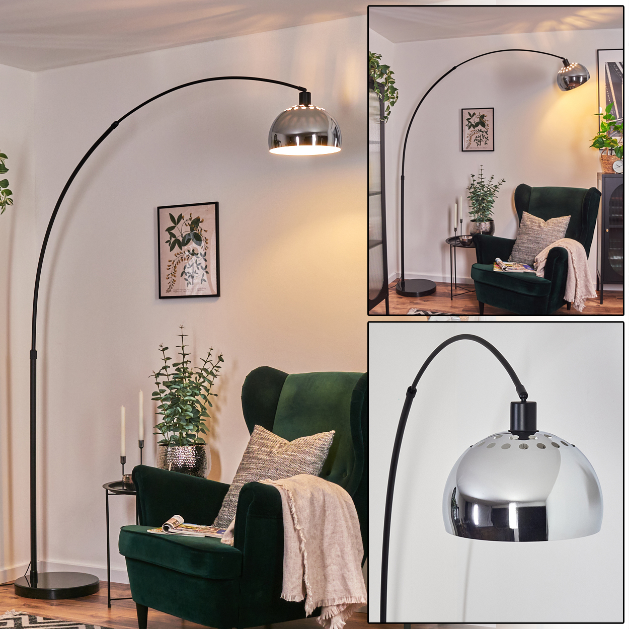 Ein modernes Wohnzimmer mit einer schwarzen Bogen-Stehleuchte, einem grünen Sessel und einem Beistelltisch mit Kerzen und einer Pflanze.