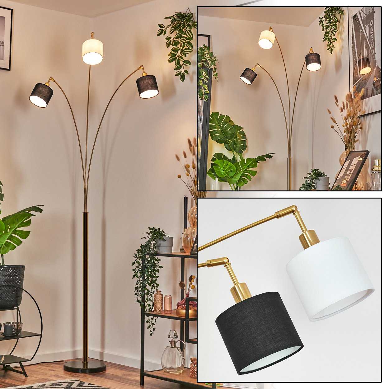 Eine goldene Stehlampe mit drei Köpfen, zwei schwarzen und einem weißen, in einem Raum mit Pflanzen und Regalen.