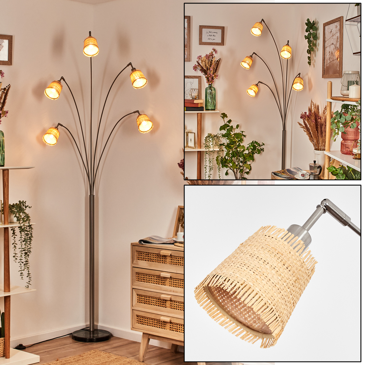 Eine Stehlampe mit sieben Lampenschirmen. Die Schirme sind gewebt. Die Lampe steht in einem Raum mit Holzschrank und Pflanzen.