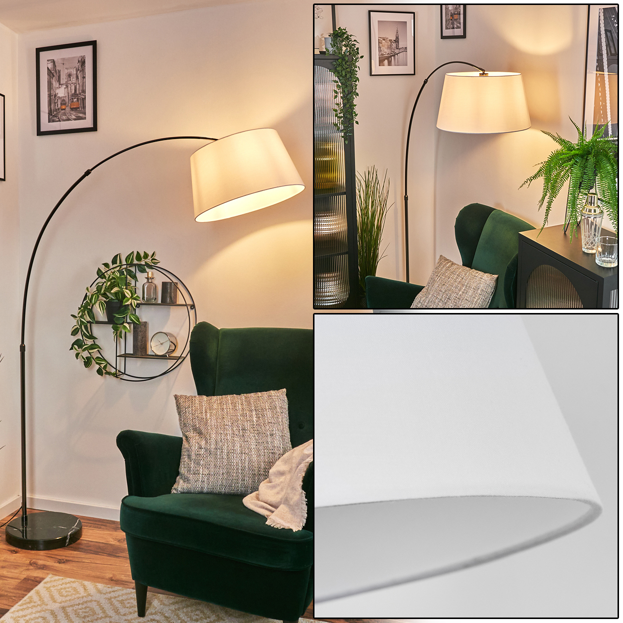 Ein modernes Wohnzimmer mit grünem Sessel, Stehlampe und Dekorationsartikeln. Die Lampe hat einen cremefarbenen Schirm.