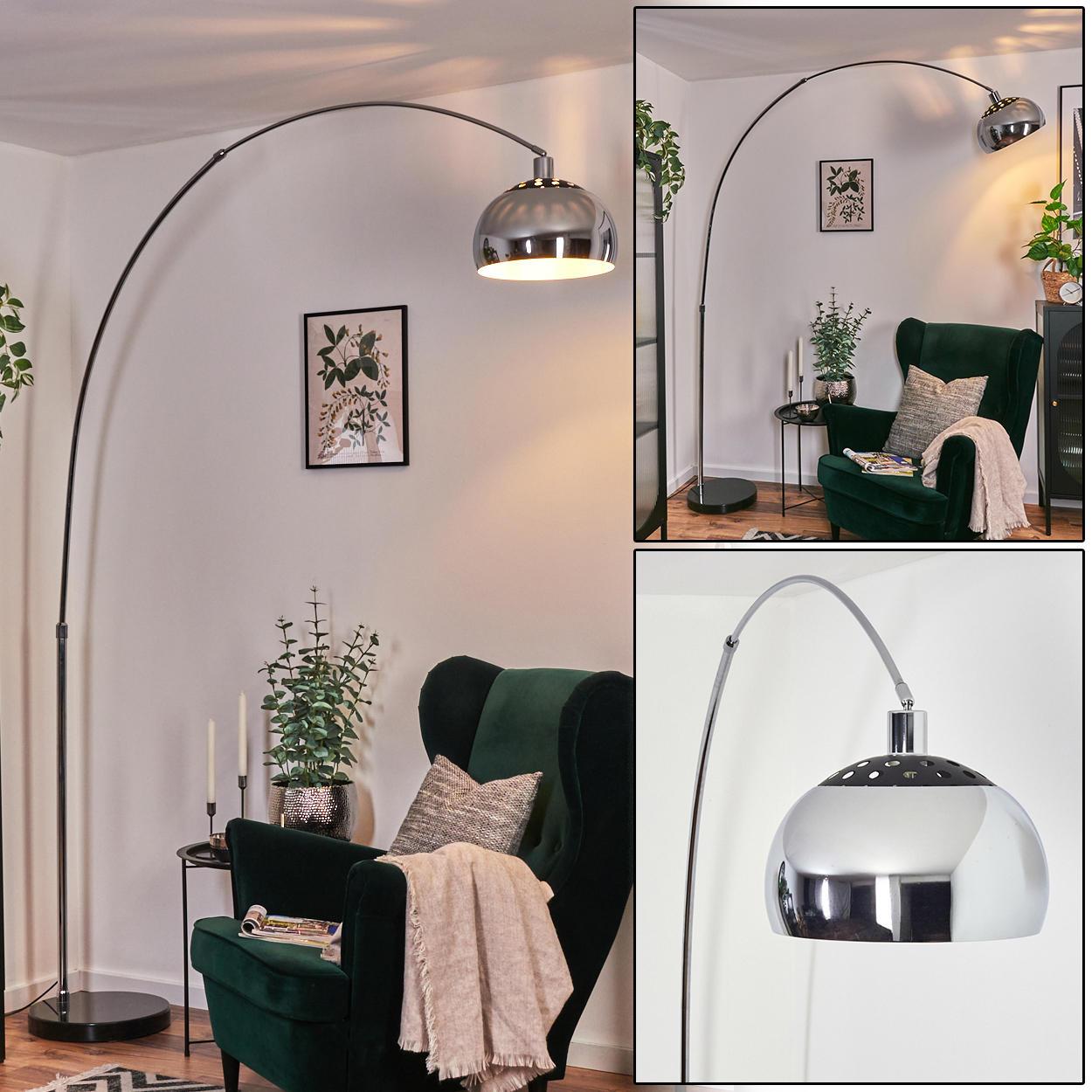 Ein modernes Wohnzimmer mit grünem Sessel, hoher Bogenlampe und einem Bilderrahmen an der Wand. Auf dem Stuhl liegt eine Decke.