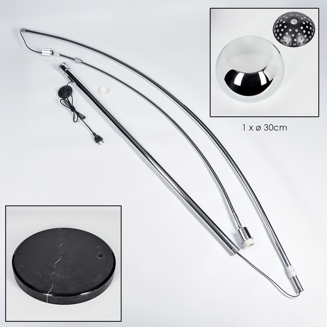 Zerlegte Teile einer modernen Lampe auf weißem Hintergrund: Stange, Sockel, Schirm und Glühbirne. Schwarze und silberne Komponenten.