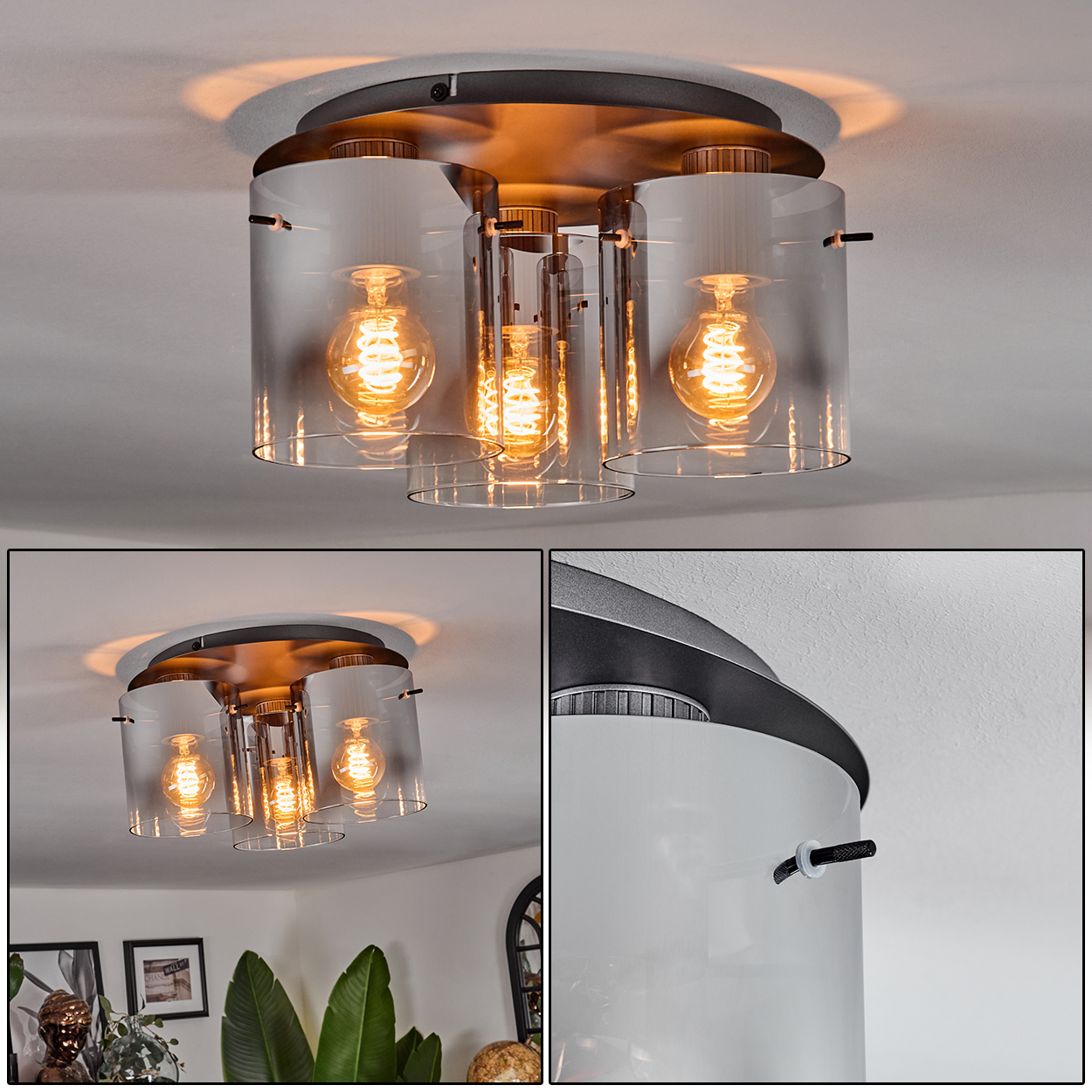Eine moderne Deckenlampe mit drei zylindrischen Glasschirmen, in denen sich jeweils eine glühende Glühbirne befindet.