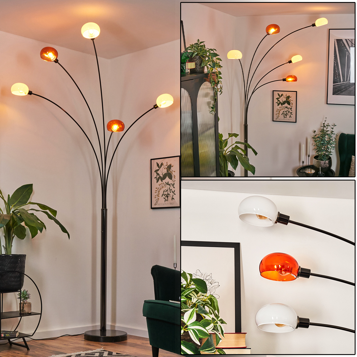 Eine moderne Stehlampe mit mehreren Köpfen. Einige sind orange, andere weiß. Pflanzen, ein schwarzer Schrank und ein grüner Sessel sind sichtbar.