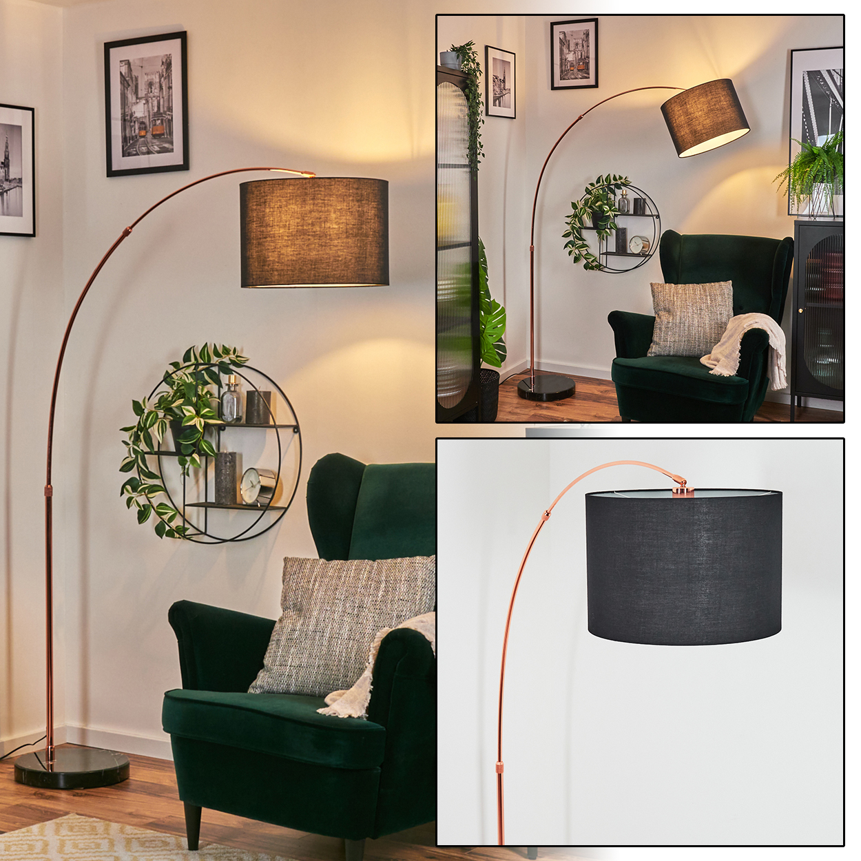 Ein modernes Wohnzimmer mit einer hohen, gebogenen Lampe mit dunklem Schirm, einem grünen Sessel und Bildern an der Wand.