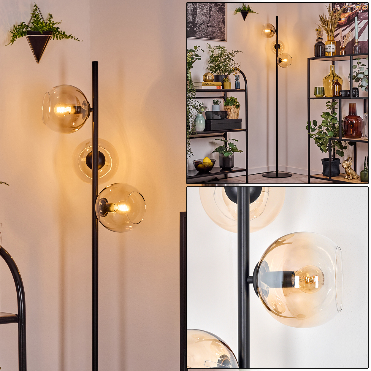 Eine moderne Stehlampe mit drei bernsteinfarbenen Glaskugelschirmen. Der schwarze Ständer steht neben einer Wand mit Deko und Regalen.