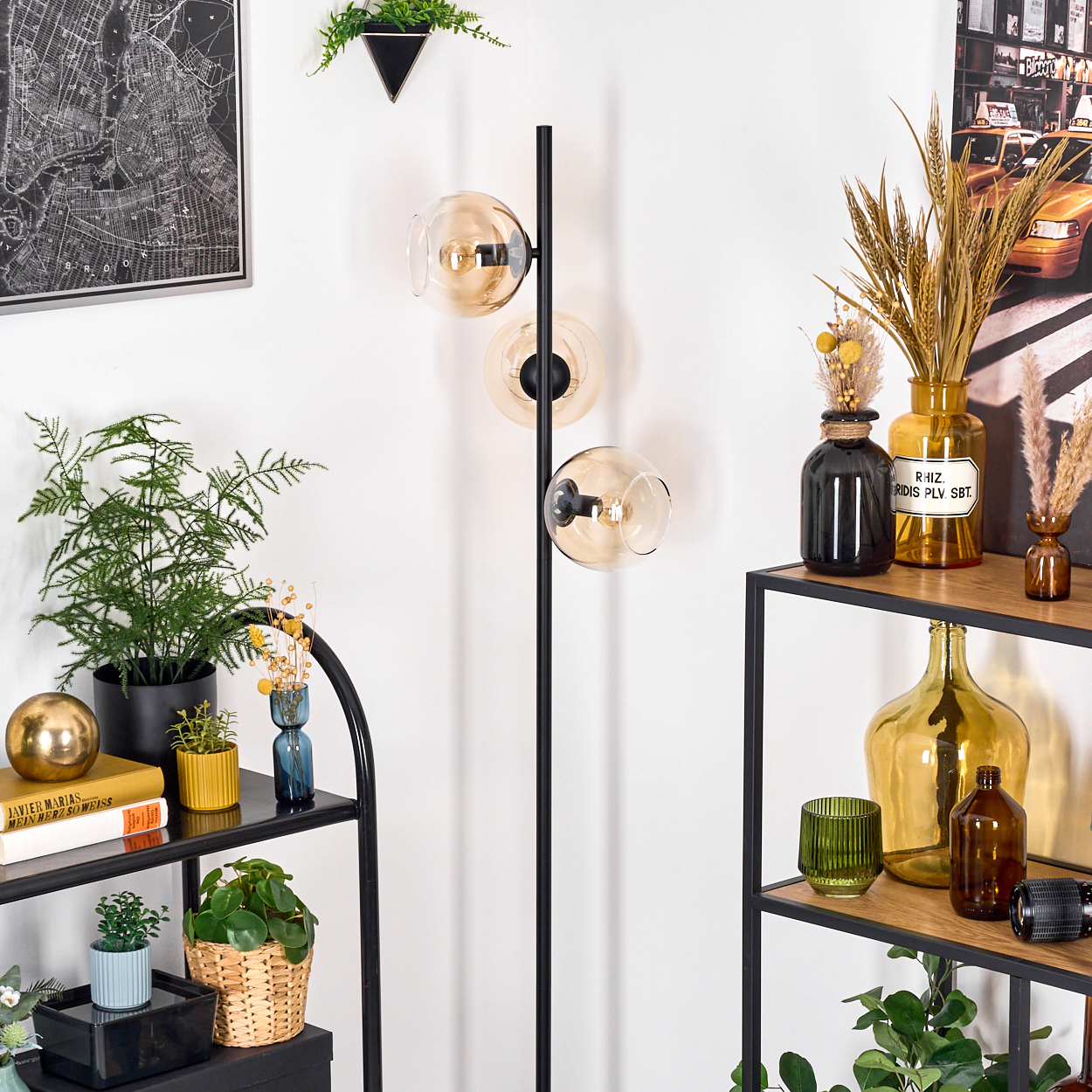 Ein Raum mit einem schwarzen Metallregal, Pflanzen, Büchern, einer Lampe und dekorativen Flaschen. Eine Karte und ein Bild an der Wand.