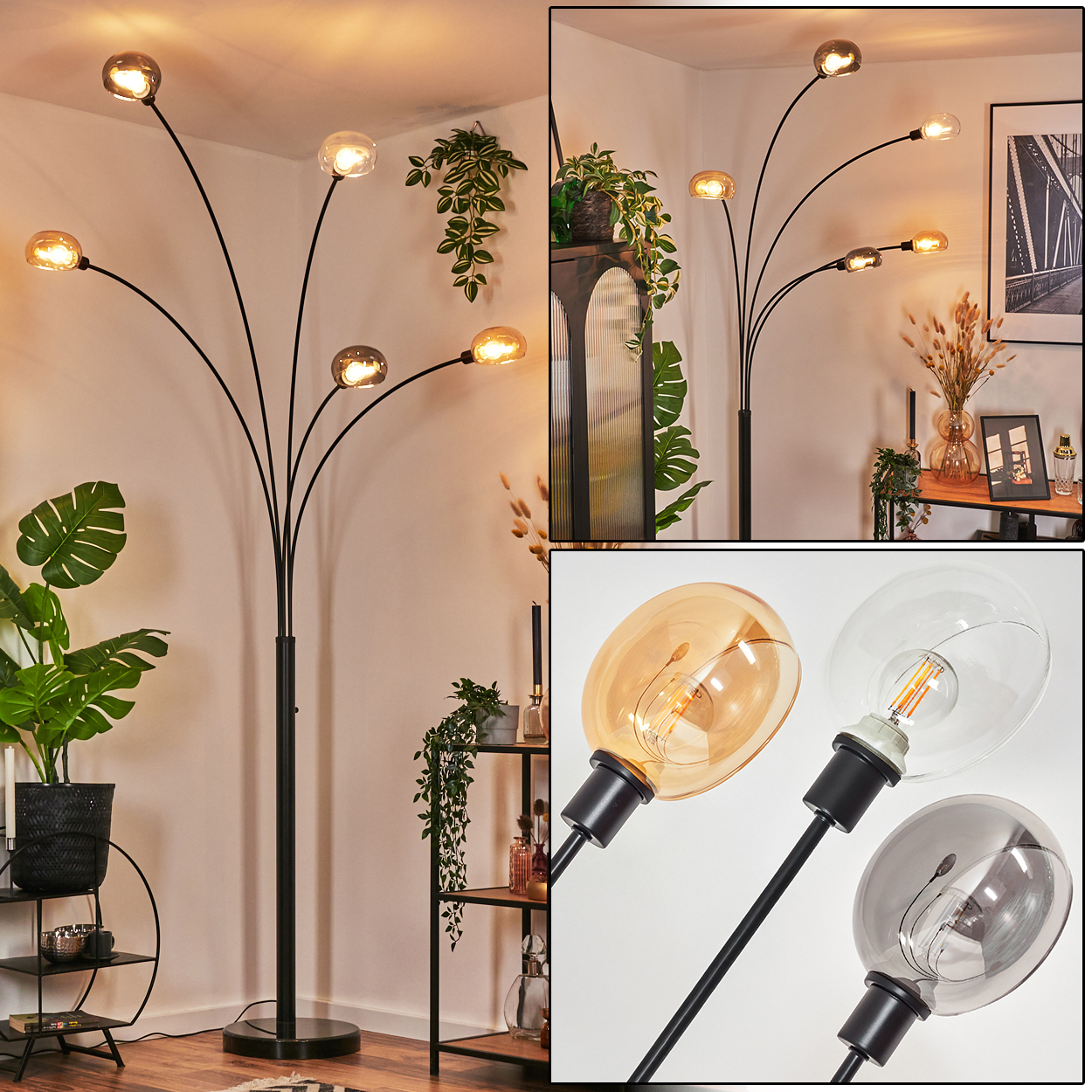 Eine moderne schwarze Stehlampe mit sechs Glühbirnen. Im Hintergrund sind Pflanzen, Regale und Dekorationsartikel zu sehen.