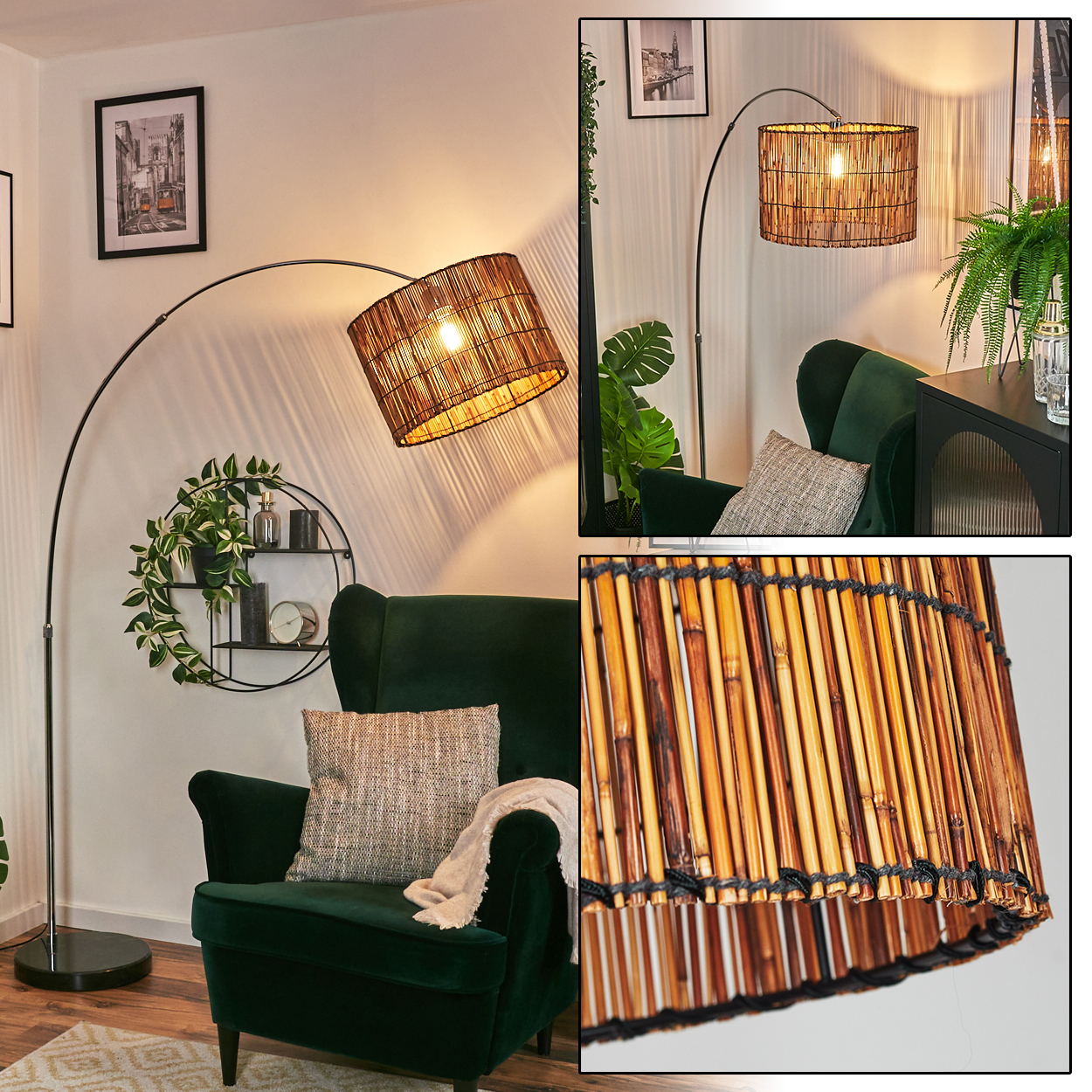 Eine Stehlampe mit Bambus-Lampenschirm, ein grüner Sessel und eine Wand mit einem Bild. Es gibt auch Pflanzen.