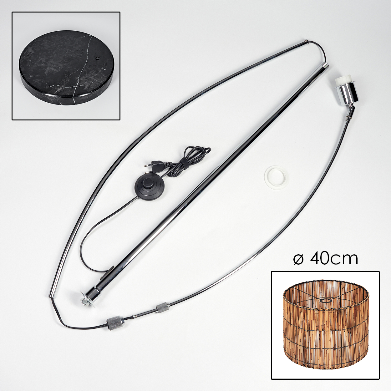 Zerlegte Lampenteile auf weißem Hintergrund. Enthält Sockel, Metallrahmen, Schirm und elektrische Komponenten. Durchmesser des Schirms 40cm.