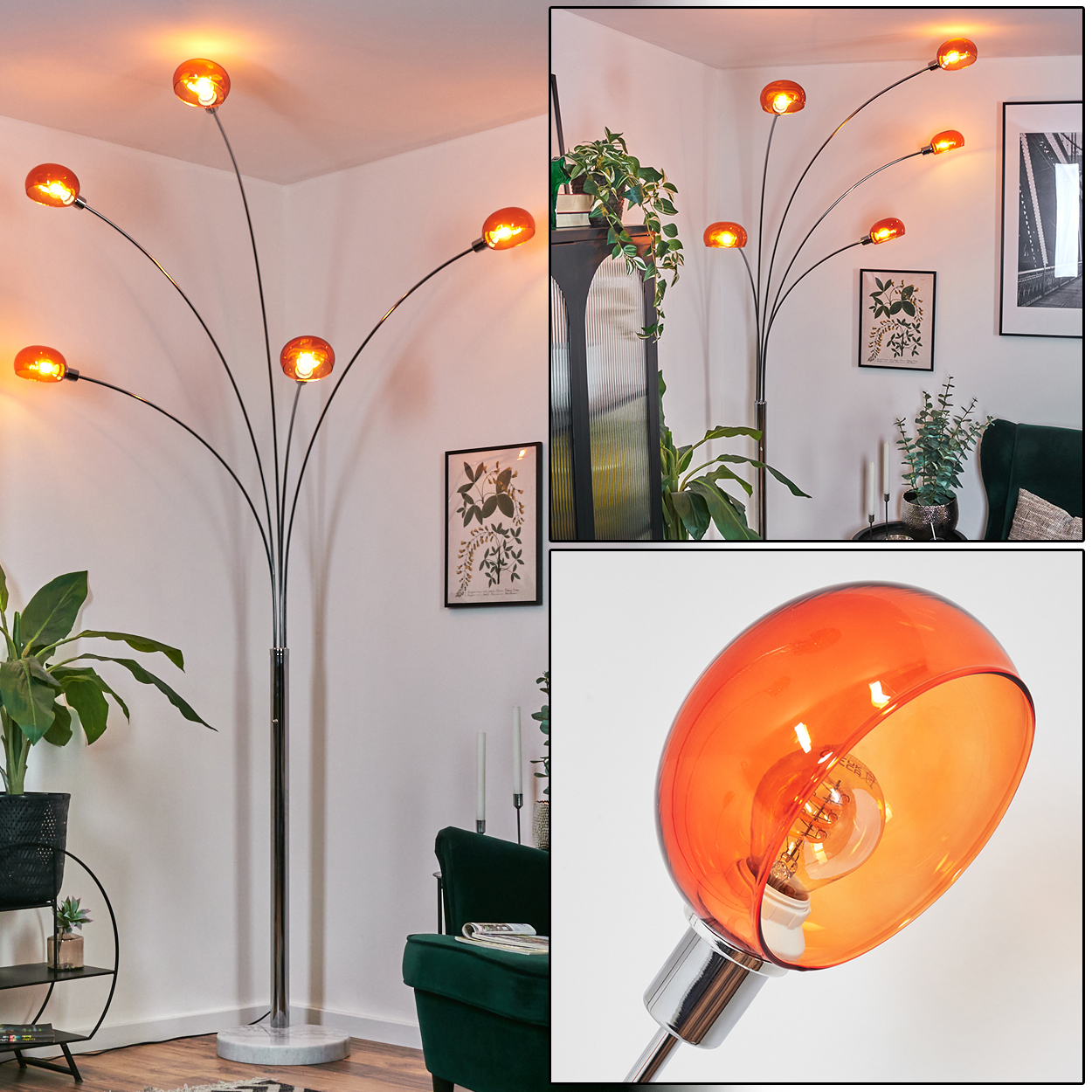 Stehlampe mit orangefarbenen Glasschirmen. Pflanzen, ein grüner Sessel und gerahmte Kunstwerke im Hintergrund. Die Lampe steht auf Marmorsockel.