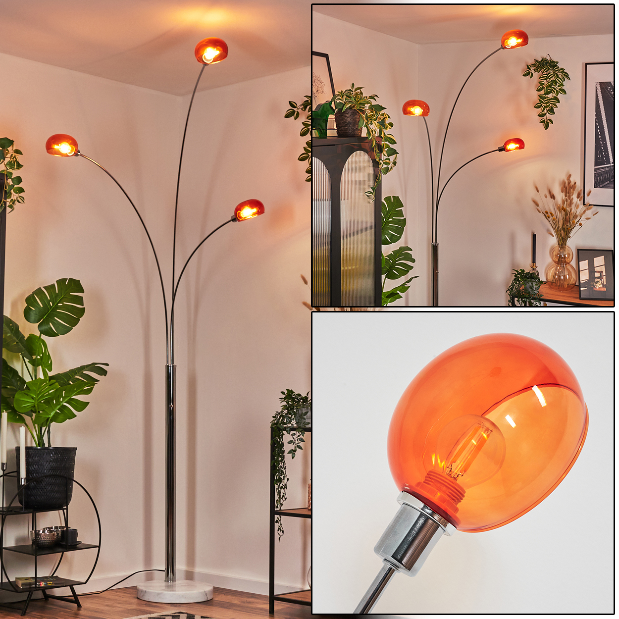 Eine moderne Stehlampe mit orangefarbenen Glasschirmen. Pflanzen und Möbel im Hintergrund, in einem gut beleuchteten Raum.