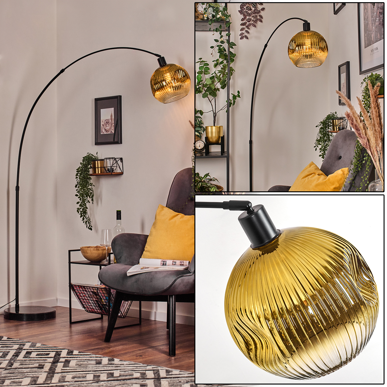 Ein modernes Wohnzimmer mit einer schwarzen Bogenlampe. Ein grauer Sessel mit gelbem Kissen ist sichtbar. Pflanzen und ein Beistelltisch sind ebenfalls vorhanden.