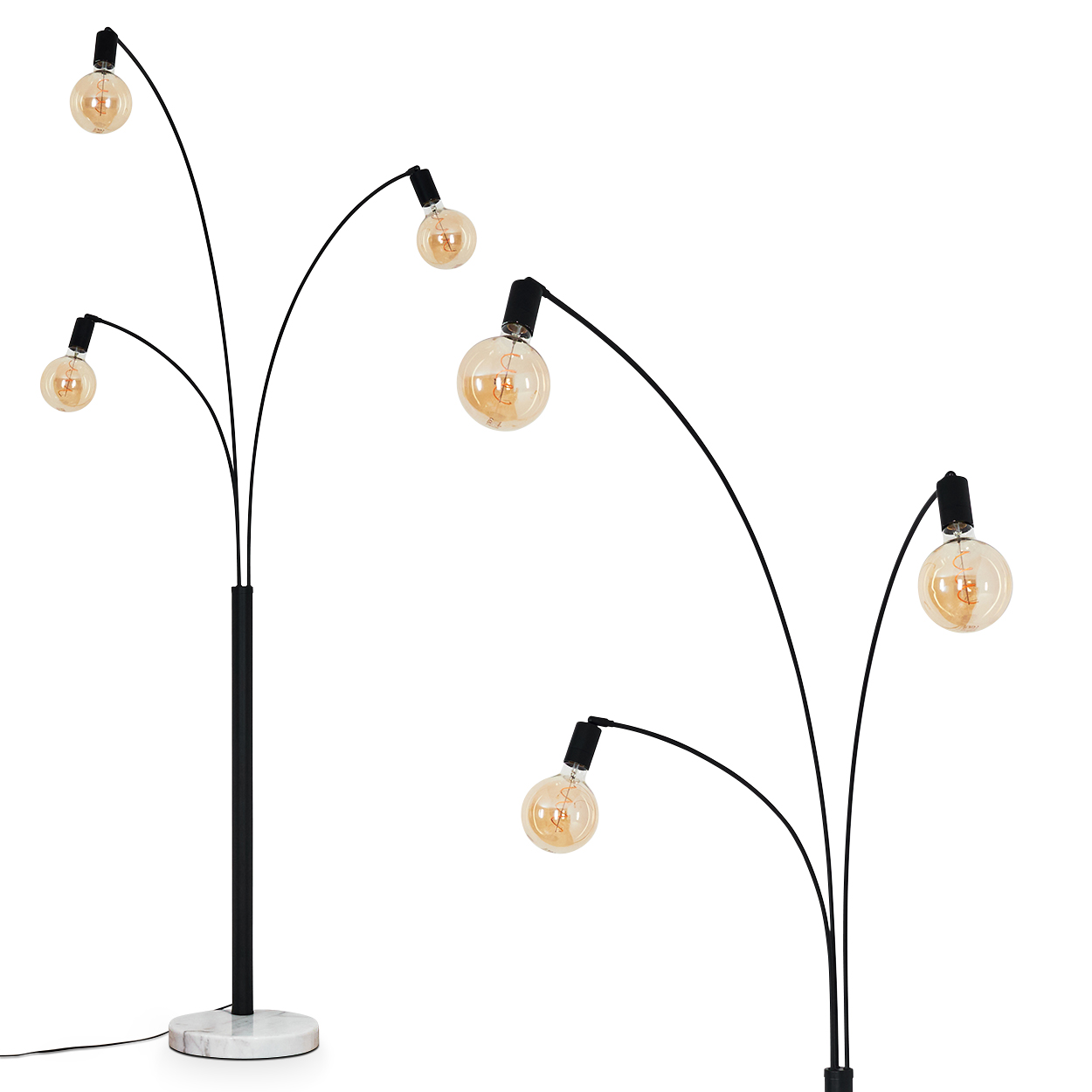 Zwei Stehlampen mit mehreren gebogenen Armen, die Globus-Glühbirnen halten. Die Sockel sind aus Marmor und schwarzem Metall.