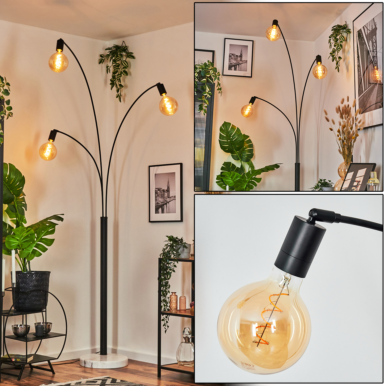 Eine moderne Stehlampe mit vier Glühbirnen. Der Raum hat Pflanzen, Bilder und Regale. Farben: Schwarz, Weiß, Gold und Grün.