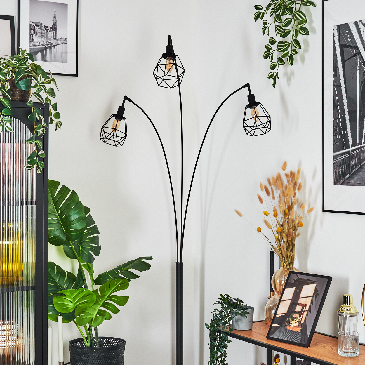 Eine moderne schwarze Stehlampe mit drei Lichtern. Pflanzen in Töpfen und gerahmte Bilder schmücken die weißen Wände und das Holzregal.