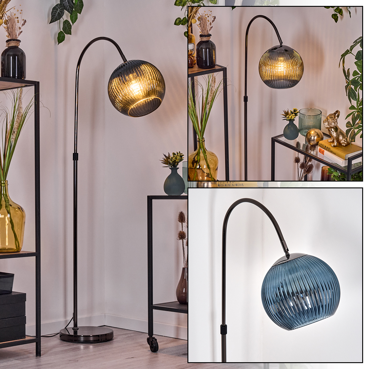 Eine moderne Stehlampe mit kugelförmigem Schirm. Regale mit Vasen und Dekoration im Hintergrund.