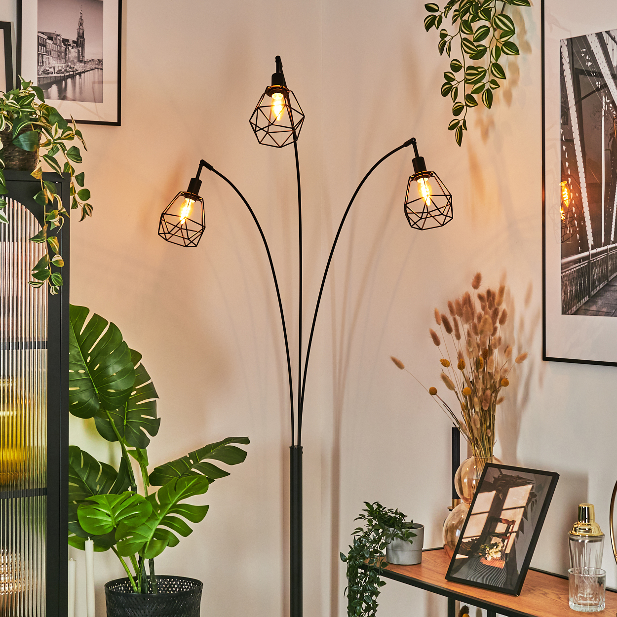 Eine moderne schwarze Stehlampe mit drei Lichtern. Pflanzen in Töpfen und gerahmte Bilder schmücken den Raum.