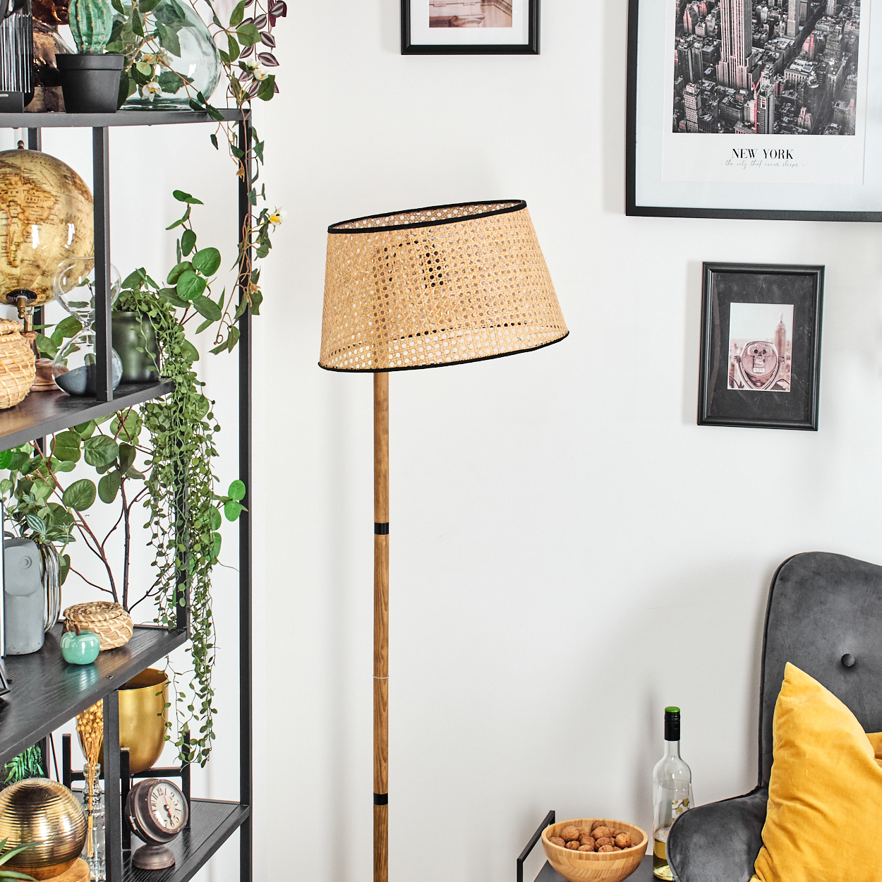 Ein Raum mit einer Lampe, einem Regal mit Pflanzen und Dekorationen, einem grauen Sessel mit gelbem Kissen. Bilder an der Wand.