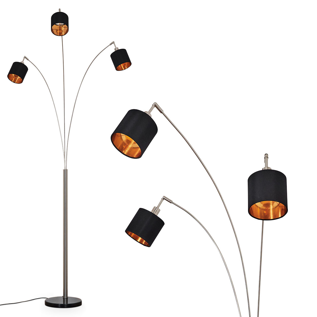 Eine moderne Stehlampe mit fünf schwarzen Lampenschirmen mit goldenem Innenraum. Sie hat ein silbernes Gestell und einen schwarzen Sockel.