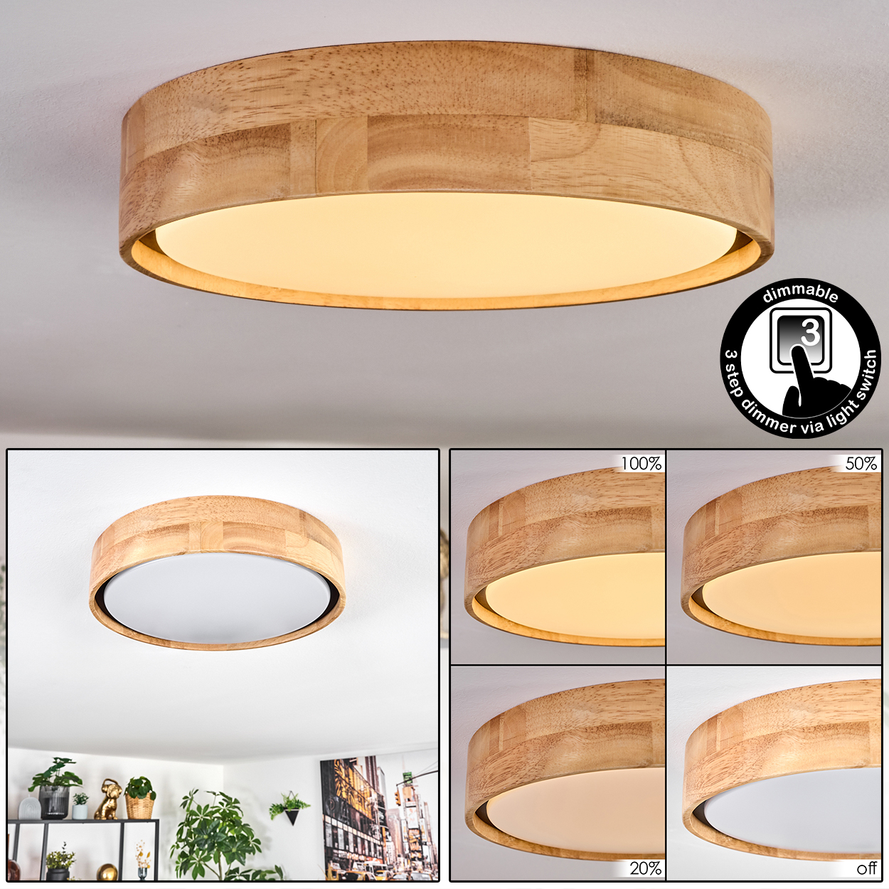 Holz-Deckenlampe mit weißem, kreisförmigem Licht. Über Lichtschalter dimmbar. Zusätzliche Bilder zeigen verschiedene Lichtstärken.