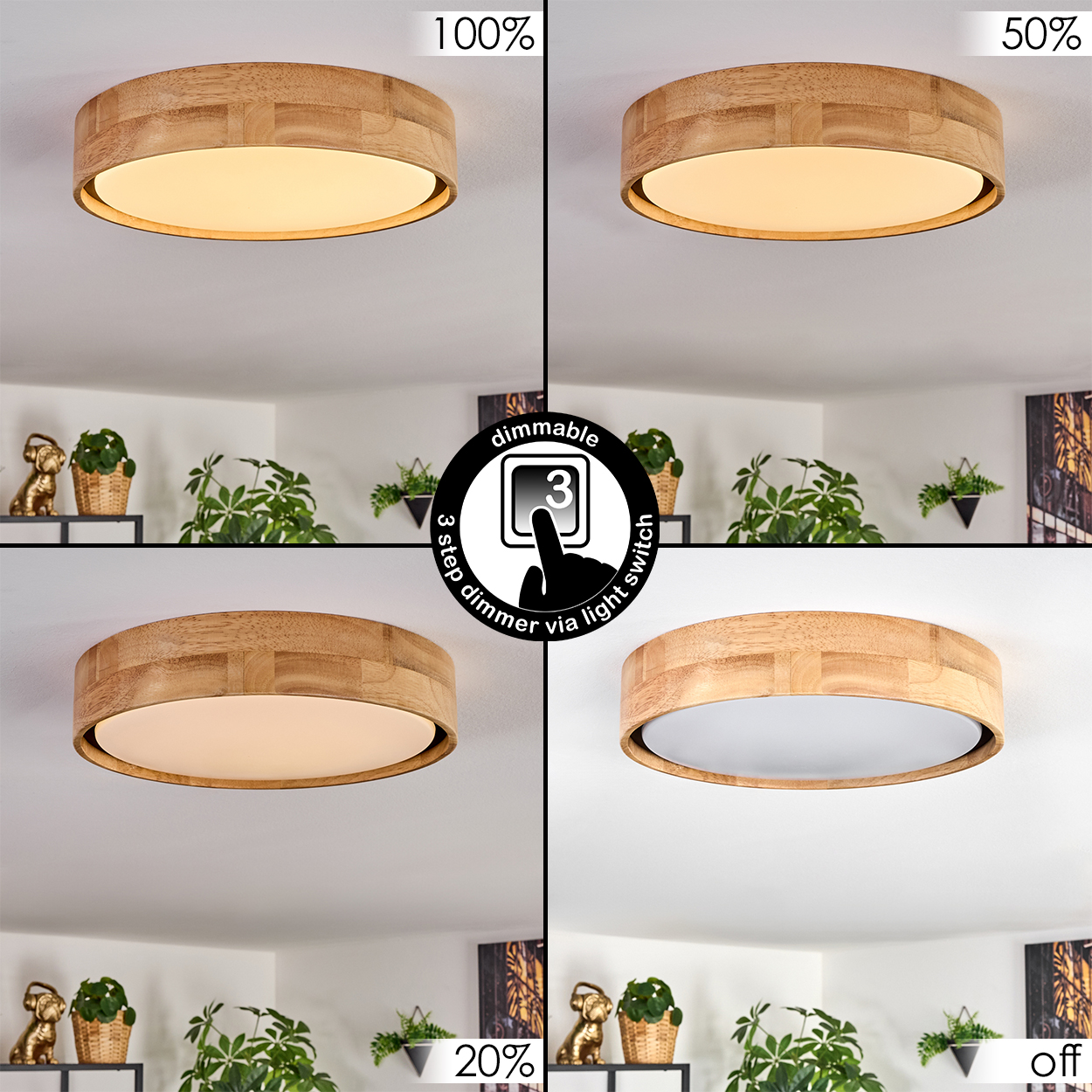 Vier Bilder einer Holzdeckenlampe in verschiedenen Helligkeitsstufen: 100 %, 50 %, 20 % und aus. Ein Dimmschalter ist abgebildet.